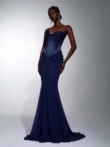 Elitara Elegant Luxurious Fashion Satin Chiffon Handmade Applique Strapless 2 In 1 Oversized Skirt Train Women's Formal Evening Gown - Navy Blue - View 5