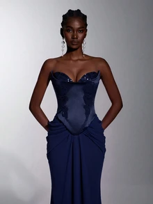Elitara Elegant Luxurious Fashion Satin Chiffon Handmade Applique Strapless 2 In 1 Oversized Skirt Train Women's Formal Evening Gown - Navy Blue - View 4