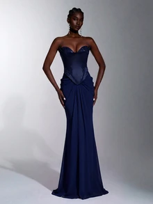 Elitara Elegant Luxurious Fashion Satin Chiffon Handmade Applique Strapless 2 In 1 Oversized Skirt Train Women's Formal Evening Gown - Navy Blue - View 3