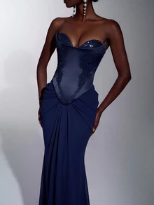 Elitara Elegant Luxurious Fashion Satin Chiffon Handmade Applique Strapless 2 In 1 Oversized Skirt Train Women's Formal Evening Gown - Navy Blue - View 1