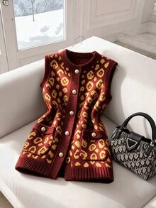 Selianne Chic Leopard Print Round Neck Women Knitted Cardigan Vest Top - Multicolor - View 3