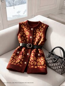Selianne Chic Leopard Print Round Neck Women Knitted Cardigan Vest Top - Multicolor - View 1