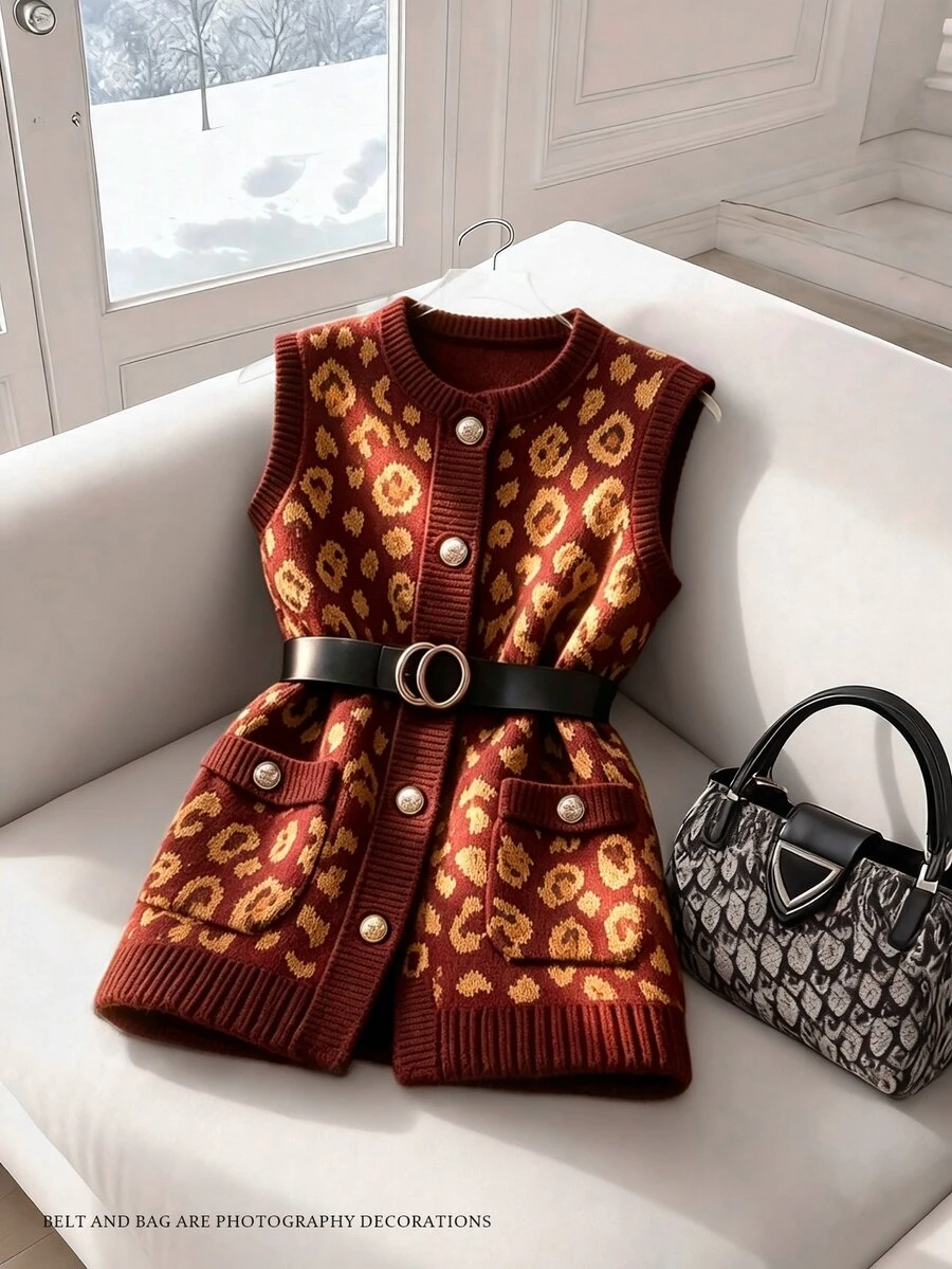Selianne Chic Leopard Print Round Neck Women Knitted Cardigan Vest Top - Multicolor - View 1