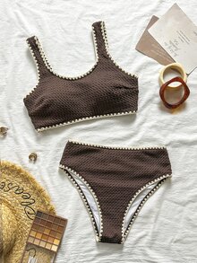 Swim Vcay Bộ bikini nữ gồm áo tank top thêu vỏ sò đi biển và quần bikini tam giác - màu nâu - Xem 5