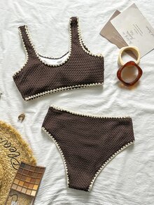 Swim Vcay Bộ bikini nữ gồm áo tank top thêu vỏ sò đi biển và quần bikini tam giác - màu nâu - Xem 2