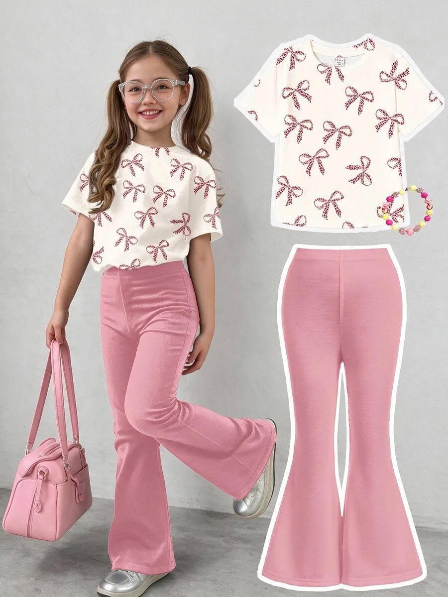 SHEIN Girlism 2 件套 Tween Girl 休闲简约粉色豹纹蝴蝶结装饰短袖上衣和阔腿裤套装,适合夏季 - 彩色 - 查看 1
