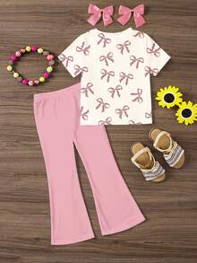 SHEIN Girlism 2 件套 Tween Girl 休闲简约粉色豹纹蝴蝶结装饰短袖上衣和阔腿裤套装，适合夏季 - 彩色 - 查看 2