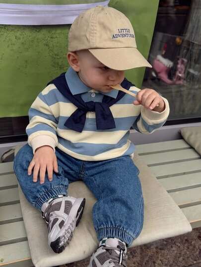 SHEIN Baby Boy, Toddler 2pcs Autumn/Winter Fleece Lined Thick Casual Cute Blue Striped Sweatshirt Set, Baby Winter Outfit, Jeans, Streetwear, Christmas
