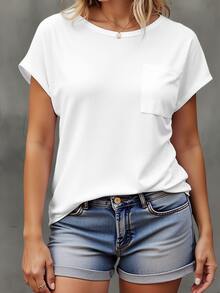 EMERY ROSE Plus Size Solid White Crew Neck Batwing Cap Sleeve Chest Pocket Lightweight Loose Casual T-Shirt Women Summer Basic Daily Going Out Tee Top - White - View 3