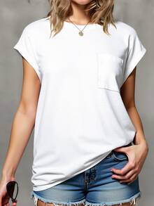 EMERY ROSE Plus Size Solid White Crew Neck Batwing Cap Sleeve Chest Pocket Lightweight Loose Casual T-Shirt Women Summer Basic Daily Going Out Tee Top - White - View 4