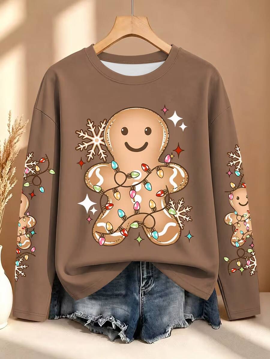 EMERY ROSE Plus Size Women's Spring/Summer Gingerbread Man Print Crew Neck Long Sleeve Casual T-Shirt Christmas - Multicolor - View 1