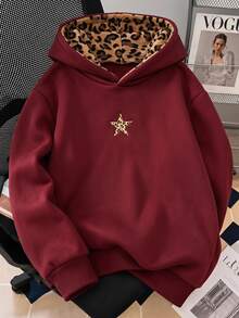 SHEIN 青少年女孩休閒可愛街頭風寬鬆抓絨豹紋帽衫，長袖，秋季服飾，毛衣，派對畢業海灘酒紅色 - 酒紅色 - 查看 1