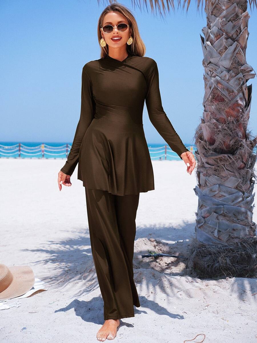 SHEIN Swim 2pcs Solid Color Loose Pants And A-Line Long Sleeve Dress Set, Conservative Full Coverage Modest Swimwear For Women For Summer Beach Vacation - Coffee Brown - View 1
