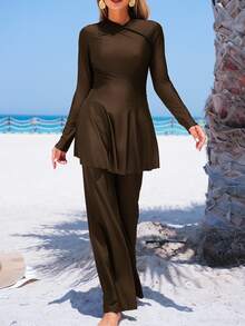 SHEIN Swim 2pcs Solid Color Loose Pants And A-Line Long Sleeve Dress Set, Conservative Full Coverage Modest Swimwear For Women For Summer Beach Vacation - Coffee Brown - View 6