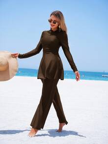SHEIN Swim 2pcs Solid Color Loose Pants And A-Line Long Sleeve Dress Set, Conservative Full Coverage Modest Swimwear For Women For Summer Beach Vacation - Coffee Brown - View 4