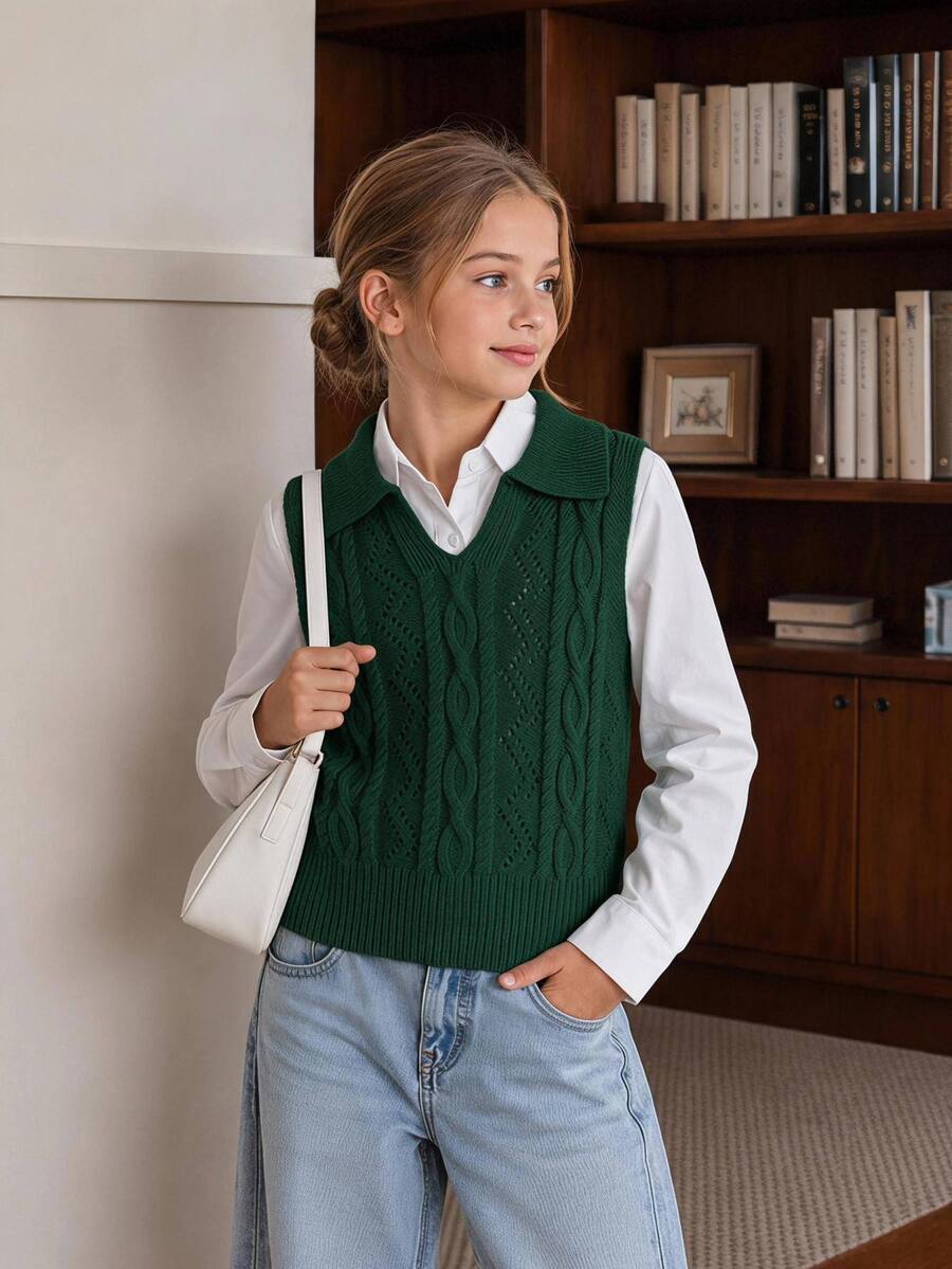SHEIN Young Girl Vintage Cable Knit Fashion Versatile Vest - Dark Green - View 1