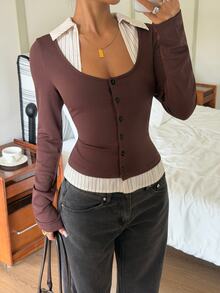Lucivie Fall Women's Elegant French Preppy Casual Y2K Style 2 In 1 T-Shirt Ribbed Knit Brown And Cream Patchwork U-Neck Button Front Long Sleeve Tops Brunch - Brown - View 5