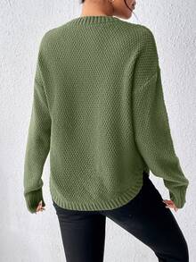 SHEIN Raffinéa Casual Solid Color Arched Hem Sweater, Autumn/Winter - Army Green - View 5