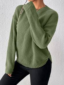 SHEIN Raffinéa Casual Solid Color Arched Hem Sweater, Autumn/Winter - Army Green - View 9