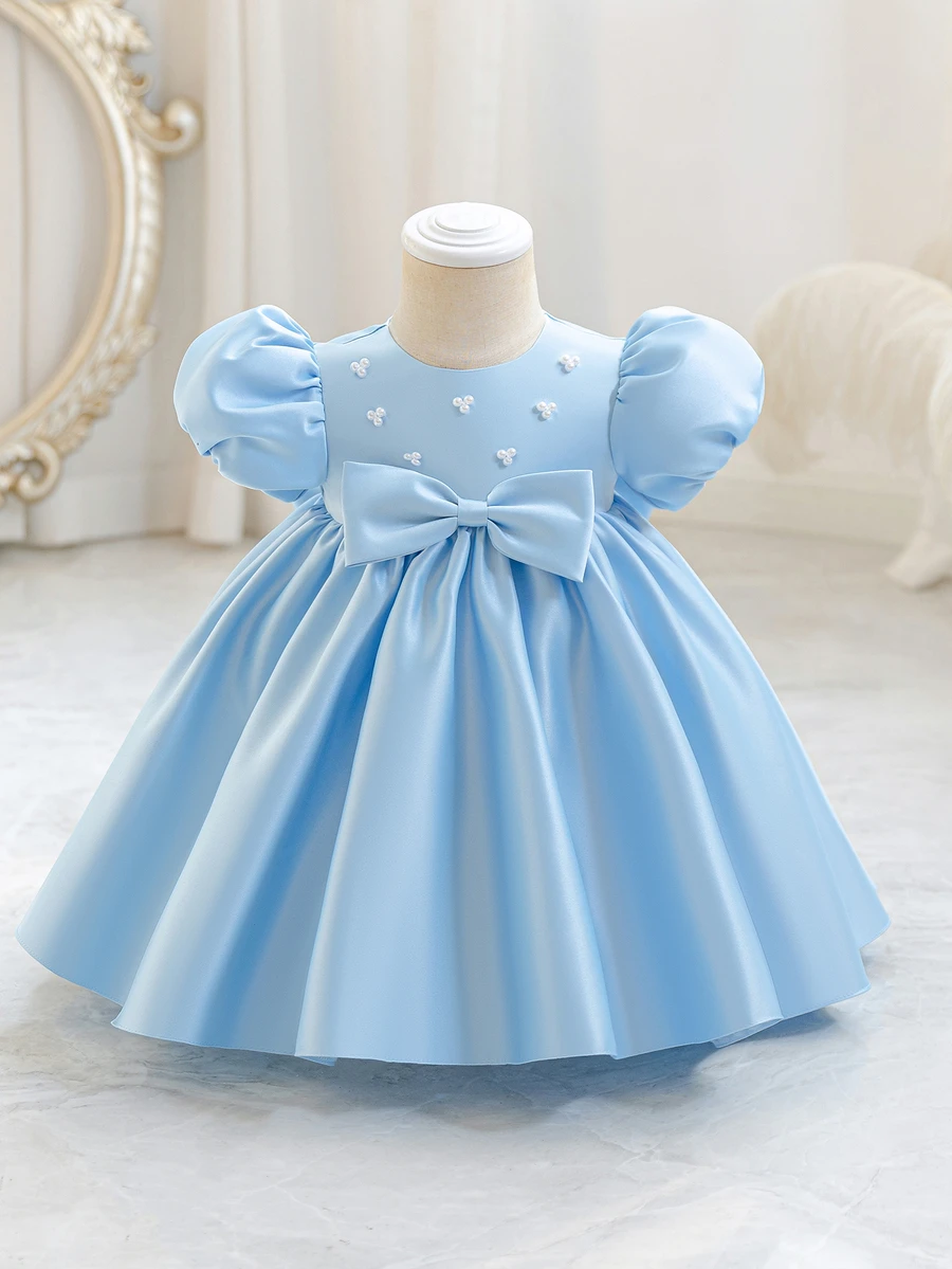 Glamorique Kids 天藍色優雅可愛日系女嬰公主裙 夏季高端緞面花瓣袖蝴蝶結裝飾 娃娃風手工串珠伴娘禮服 生日婚禮裙 - 藍色 - 查看 1