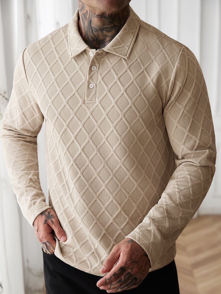 HUEFORM Men's Old Money Apricot Geometric Rhombus Pattern Metallic Fabric Long Sleeve Polo Shirt, Suitable For Daily Commuting And Business Occasions - Apricot - View 1