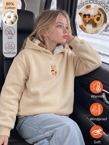 SHEIN Reset Phase 少女棉質泰迪熊衛衣，秋季冬季米色長袖套頭衫，可愛日常穿著街頭風，適合上學 - 杏色 - 查看 6
