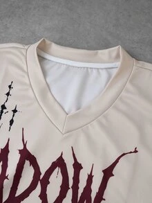 ROMWE MEN Áo thun nam cổ chữ V tay dài họa tiết xích và móng vuốt phong cách gothic tối màu - Màu Khaki - Xem 3