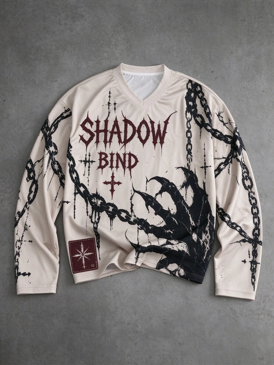 ROMWE MEN Áo thun nam cổ chữ V tay dài họa tiết xích và móng vuốt phong cách gothic tối màu - Màu Khaki - Xem 1