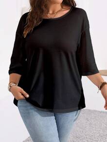 EMERY ROSE Plus Size Women's Summer Solid Color Round Neck Loose Short Sleeve Casual T-Shirt Fall - Black - View 6