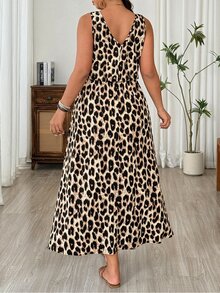 EMERY ROSE Plus Size Women Casual Vintage Leopard Print V-Neck Sleeveless Tie-Waist Dress, Slimming Design For Summer - Multicolor - View 2