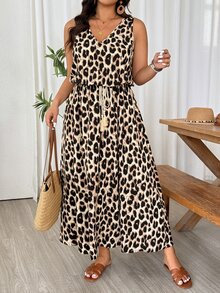 EMERY ROSE Plus Size Women Casual Vintage Leopard Print V-Neck Sleeveless Tie-Waist Dress, Slimming Design For Summer - Multicolor - View 9