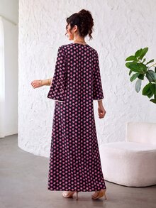 Yasmyna 優雅端莊 V 領珍珠飾邊拼接花卉印花寬鬆顯瘦修身大裙擺女款洋裝 洗禮賓客穿著 黑色 秋季 - 彩色 - 查看 6