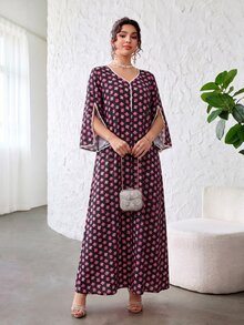 Yasmyna 優雅端莊 V 領珍珠飾邊拼接花卉印花寬鬆顯瘦修身大裙擺女款洋裝 洗禮賓客穿著 黑色 秋季 - 彩色 - 查看 4