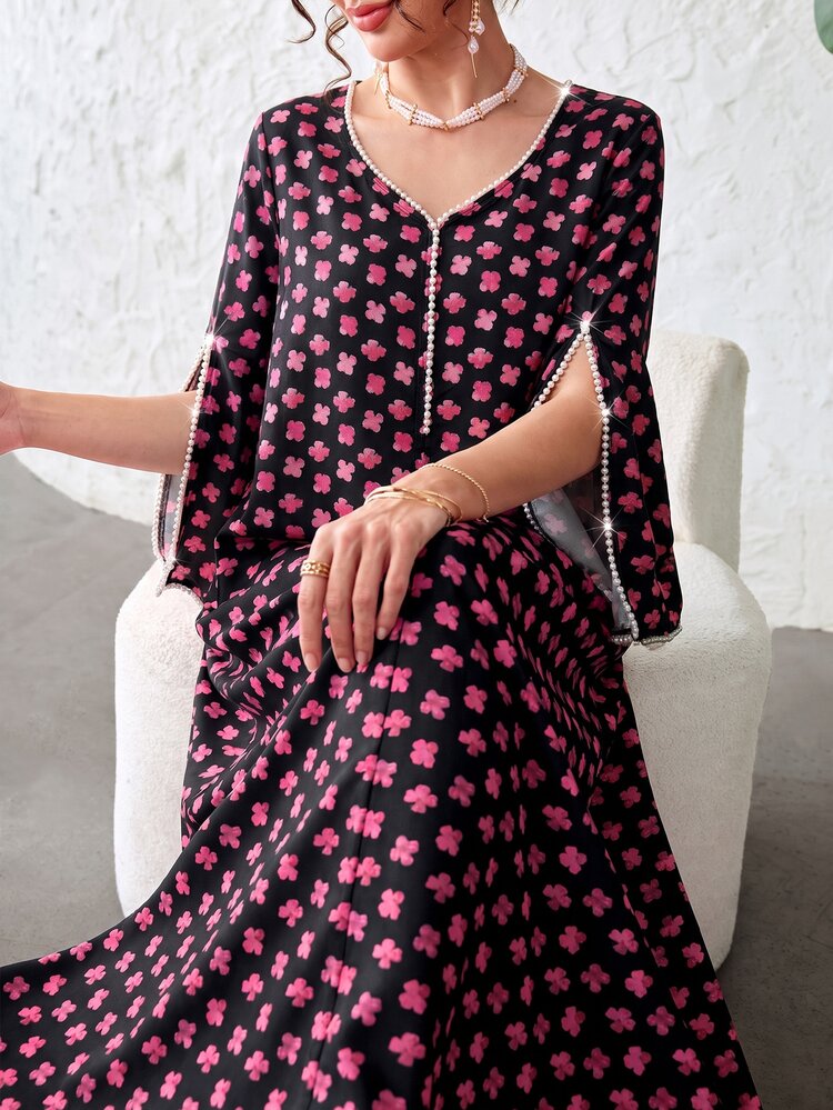 Yasmyna Elegant Modest V-Neck Pearl Trim Patchwork Floral Print Loose Fit Slimming Flattering Full Skirt Women's Dress Christening Guest Black Fall - Multicolor - View 3