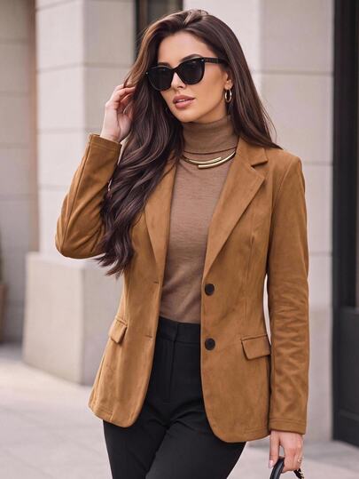 Editum Blazer de manga larga para mujer, color liso, abotonado sencillo, casual para ir a la oficina y eventos de negocios, ideal para el otoño, Acción de Gracias y salidas nocturnas, color camello