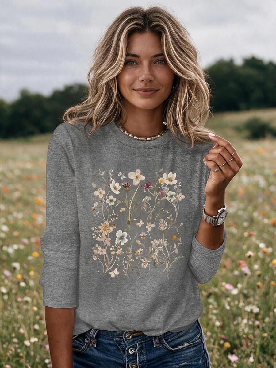 Selamara Women Casual Vintage Flower Print Round Neck T-Shirt, Suitable For Spring And Autumn Fall Cloth For Women Everyday Going Out Dark Grey - Grey - View 1