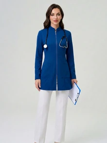 TaskEZ Royal Blue Women's Fashion V-Neck Long Sleeve Scrub Scrub Uniform Jacket Work Fall Maid - Blue - View 3