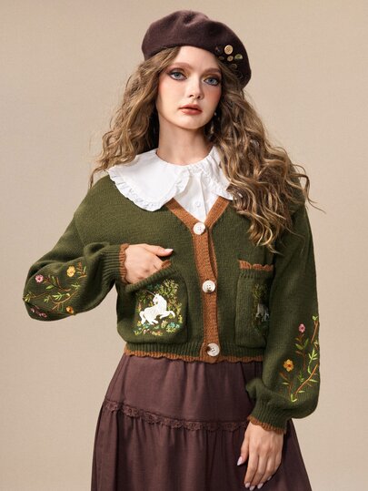 Fairycore Cardigan in maglia a maniche lunghe con motivo animale e bottoni singoli da donna