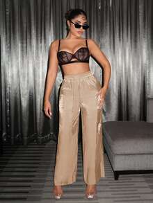 SHEIN SXY Women Color Block Drawstring Summer Vacation Long Pants - Apricot - View 6