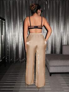 SHEIN SXY Women Color Block Drawstring Summer Vacation Long Pants - Apricot - View 2