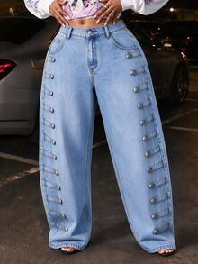 Slaydiva Plus Size Distressed Loose Button-Front Curved Leg Denim Jeans - Blue - View 1