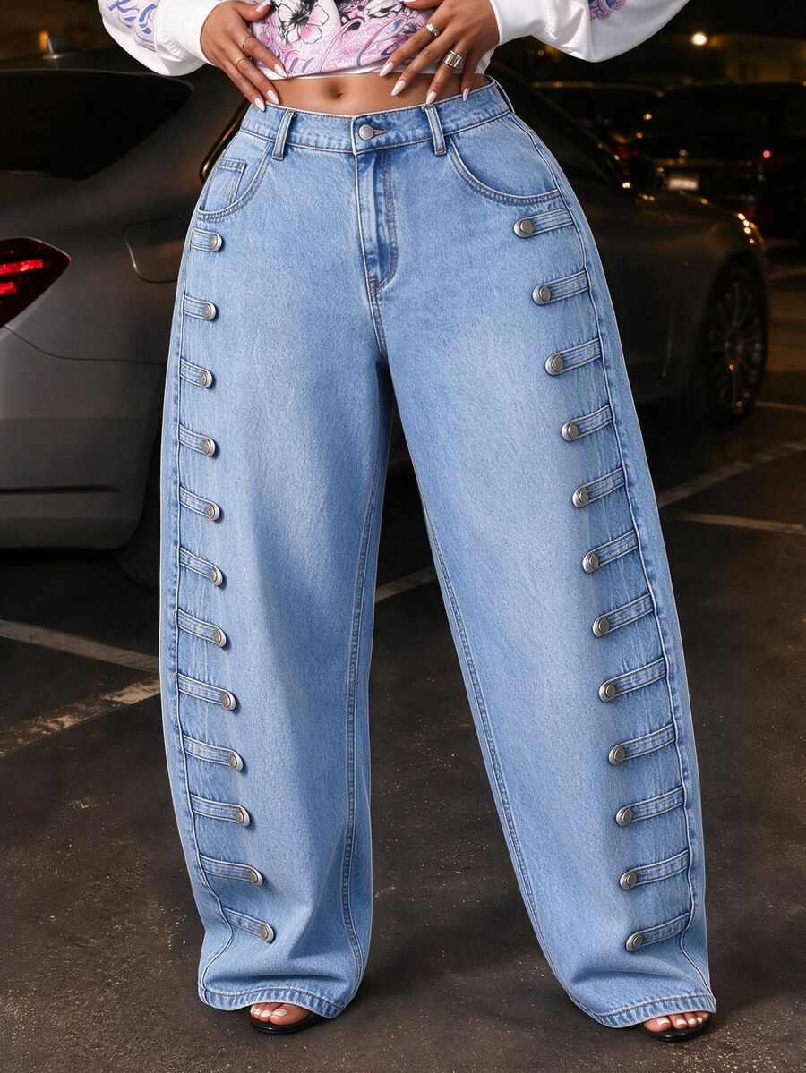 Slaydiva Plus Size Distressed Loose Button-Front Curved Leg Denim Jeans - Blue - View 1