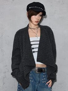 ROMWE Grunge Punk Vintage Casual Commute Chunky Ribbed Cable Knit Shawl Collar Asymmetrical Hem Cardigan - Dark Grey - View 4