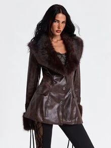 ROMWE Autumn/Winter Y2K Vintage Leather Patchwork Faux Fur Trim Mid-Length Jacket - Brown - View 4