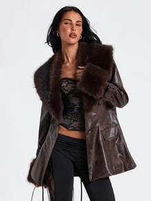 ROMWE Autumn/Winter Y2K Vintage Leather Patchwork Faux Fur Trim Mid-Length Jacket - Brown - View 1