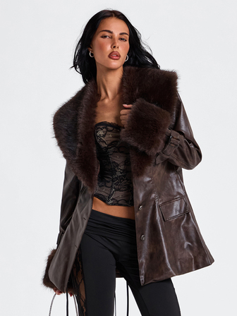 Autumn/Winter Y2K Vintage Leather Patchwork Faux Fur Trim Mid-Length Jacket