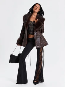ROMWE Autumn/Winter Y2K Vintage Leather Patchwork Faux Fur Trim Mid-Length Jacket - Brown - View 3