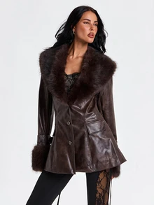 ROMWE Autumn/Winter Y2K Vintage Leather Patchwork Faux Fur Trim Mid-Length Jacket - Brown - View 5