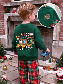 Baby Boys 2pcs Christmas Cartoon Car Sweatshirt And Gingerbread Plaid Pants Set Family Birthday Dark Green Red Plaid Modest - Multicolor - View 3
