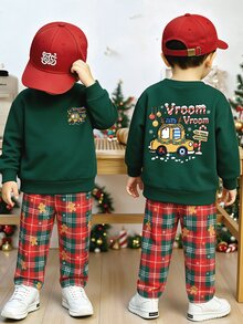 Baby Boys 2pcs Christmas Cartoon Car Sweatshirt And Gingerbread Plaid Pants Set Family Birthday Dark Green Red Plaid Modest - Multicolor - View 1